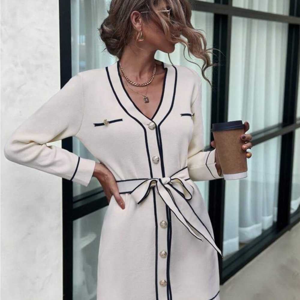 SHEIN Cream and Black Buttoned Dress